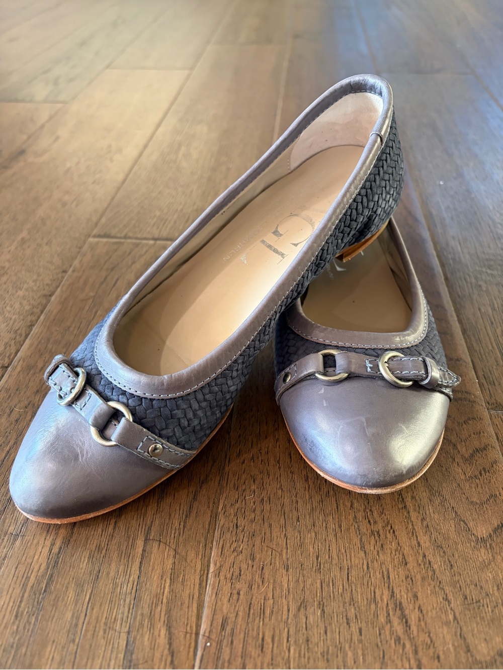 Agl Gray Leather & Woven Ballet Flats with Buckle Accent